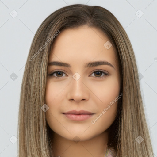 Neutral white young-adult female with long  brown hair and brown eyes