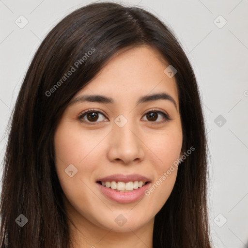 Joyful white young-adult female with long  brown hair and brown eyes