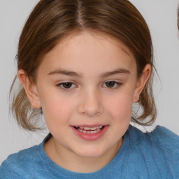 Joyful white child female with medium  brown hair and brown eyes