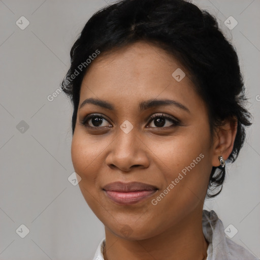 Joyful latino young-adult female with medium  black hair and brown eyes