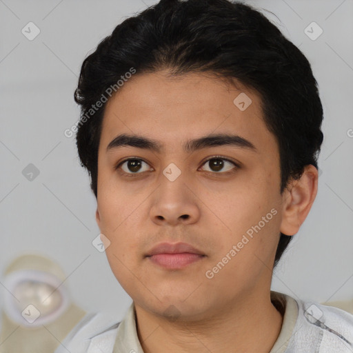 Neutral asian young-adult male with short  black hair and brown eyes