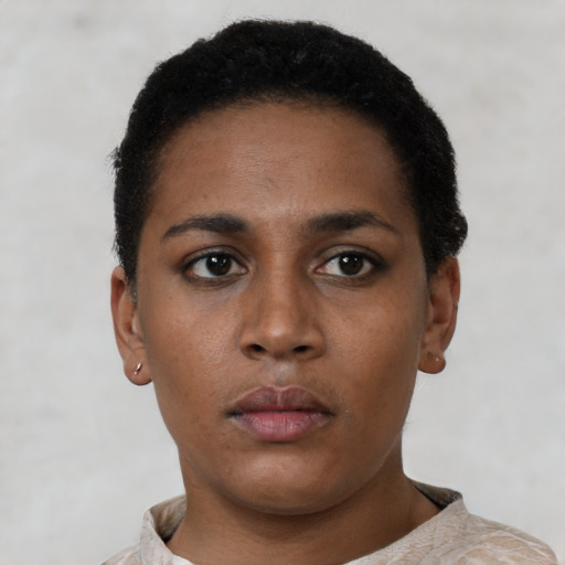 Neutral black young-adult female with short  black hair and brown eyes