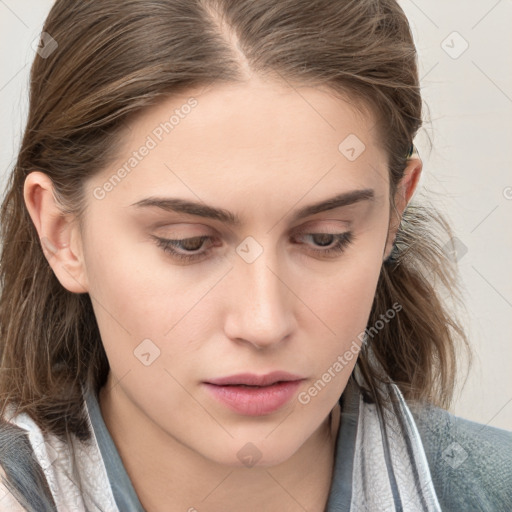 Neutral white young-adult female with medium  brown hair and blue eyes