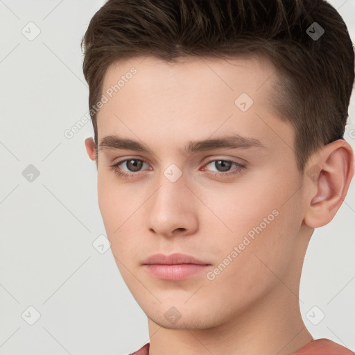 Neutral white young-adult male with short  brown hair and brown eyes