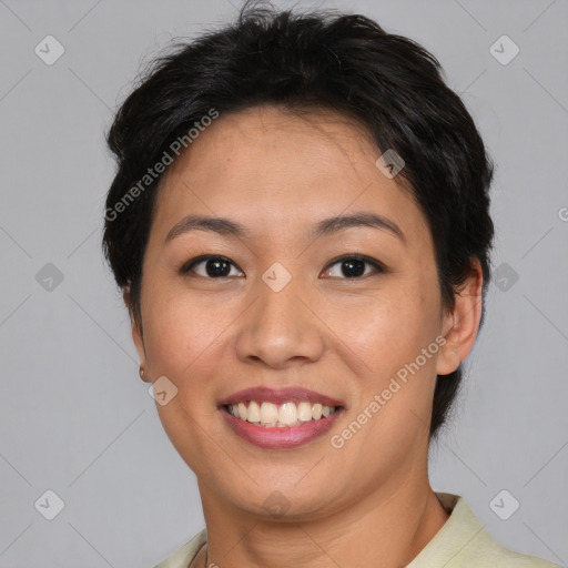 Joyful asian young-adult female with short  brown hair and brown eyes