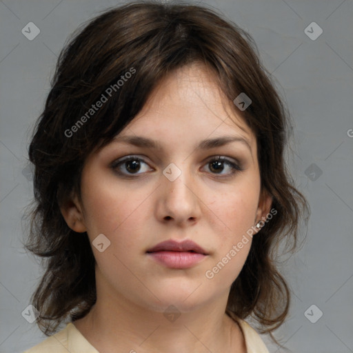 Neutral white young-adult female with medium  brown hair and brown eyes