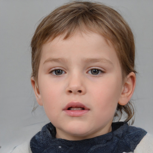 Neutral white child female with medium  brown hair and blue eyes