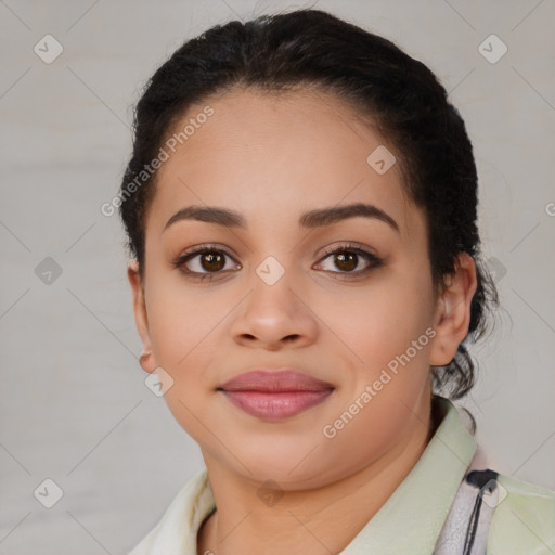 Joyful latino young-adult female with short  brown hair and brown eyes