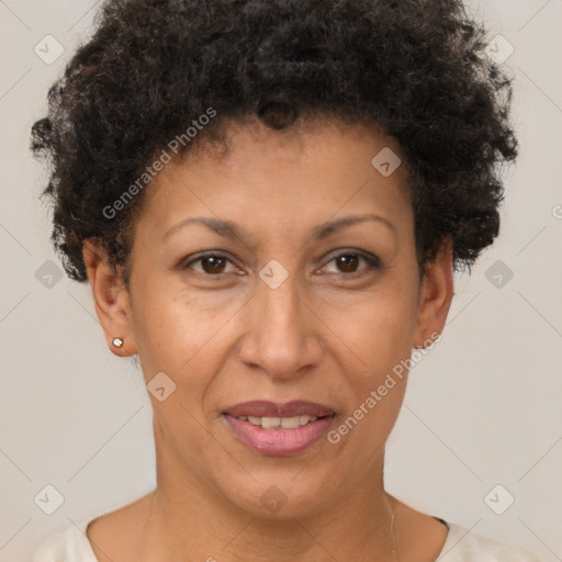 Joyful black adult female with short  brown hair and brown eyes