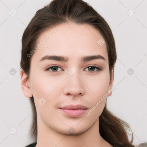 Neutral white young-adult female with medium  brown hair and brown eyes