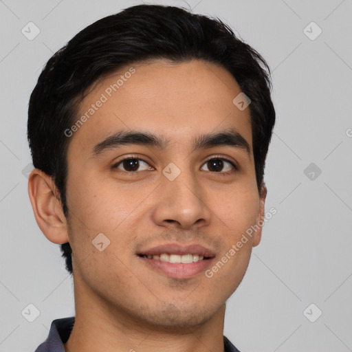 Joyful latino young-adult male with short  brown hair and brown eyes