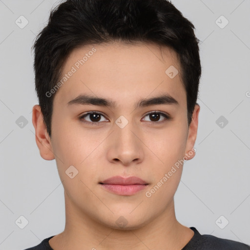 Neutral asian young-adult male with short  brown hair and brown eyes