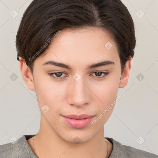 Neutral white young-adult female with short  brown hair and brown eyes