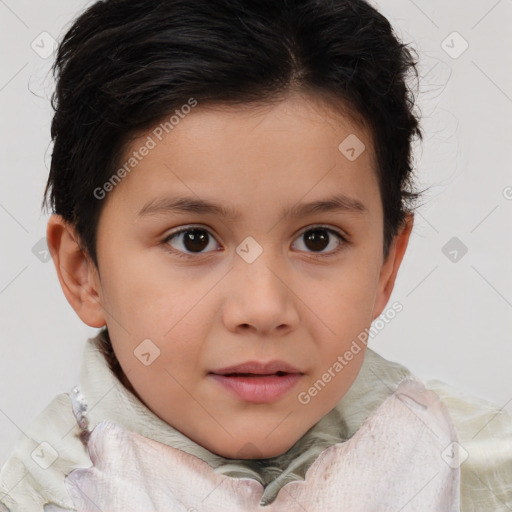Joyful white child female with medium  brown hair and brown eyes