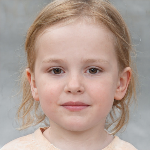 Joyful white child female with medium  brown hair and blue eyes