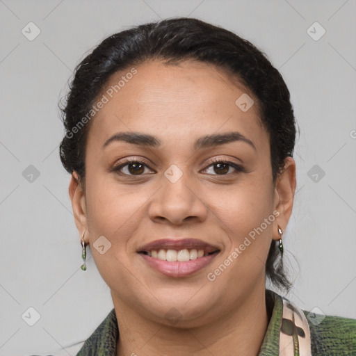 Joyful latino young-adult female with short  brown hair and brown eyes