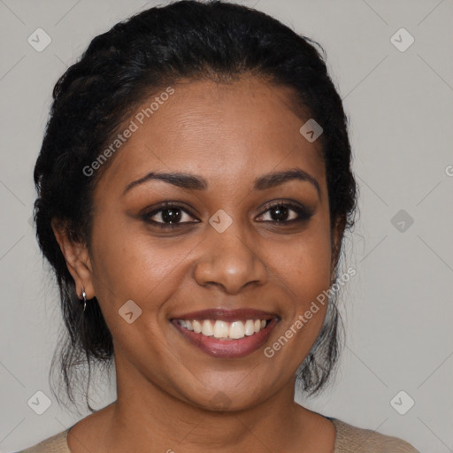 Joyful black young-adult female with medium  black hair and brown eyes