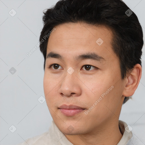 Neutral asian young-adult male with short  black hair and brown eyes