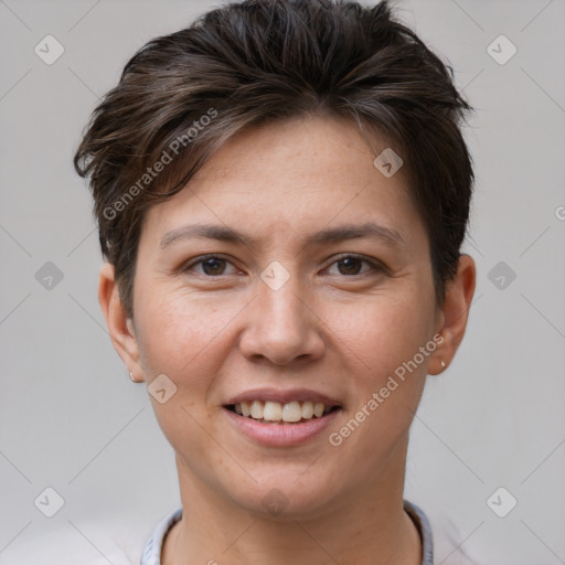 Joyful white young-adult female with short  brown hair and brown eyes