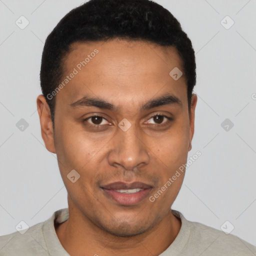 Joyful latino young-adult male with short  black hair and brown eyes