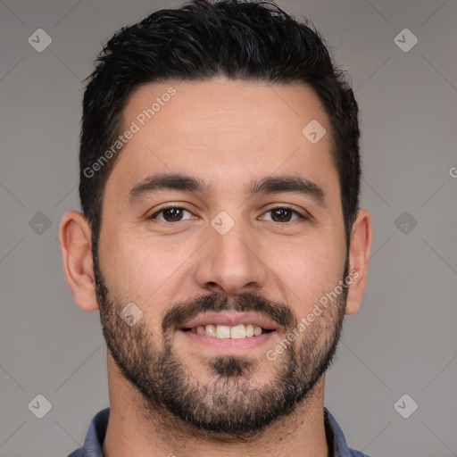 Joyful white young-adult male with short  black hair and brown eyes