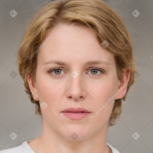 Joyful white young-adult female with medium  brown hair and blue eyes