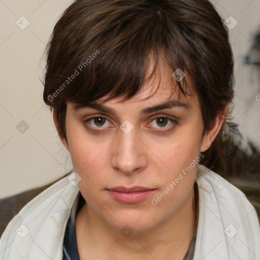 Neutral white young-adult female with medium  brown hair and brown eyes