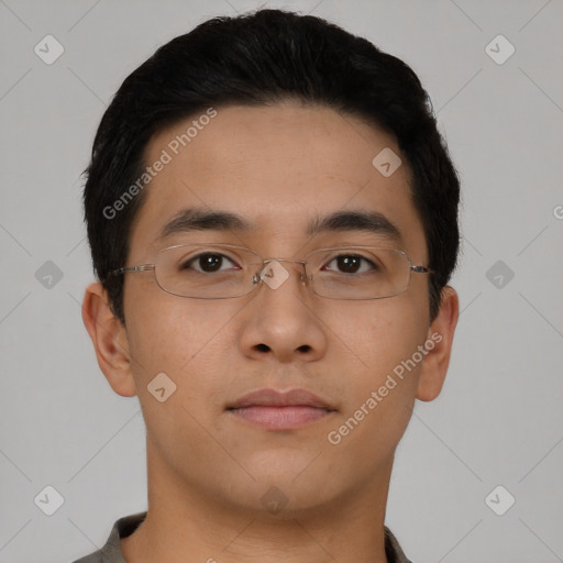 Neutral asian young-adult male with short  brown hair and brown eyes