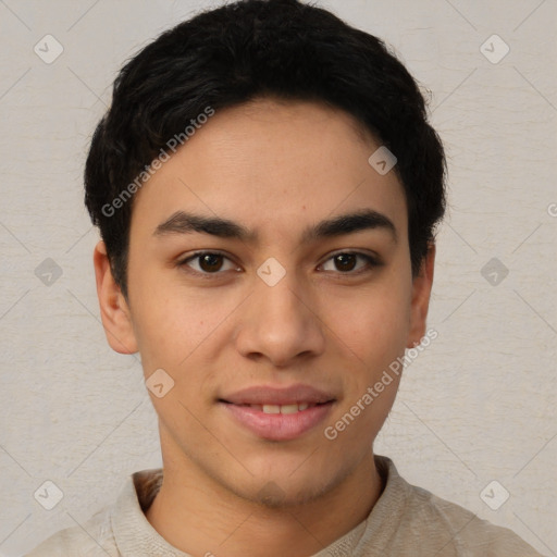 Joyful latino young-adult male with short  brown hair and brown eyes