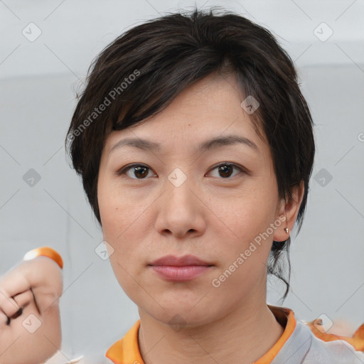 Neutral white young-adult female with short  brown hair and brown eyes