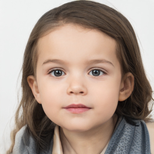 Neutral white child female with medium  brown hair and grey eyes