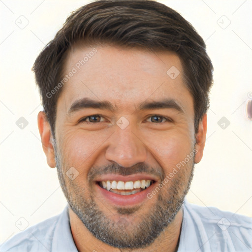 Joyful white young-adult male with short  brown hair and brown eyes