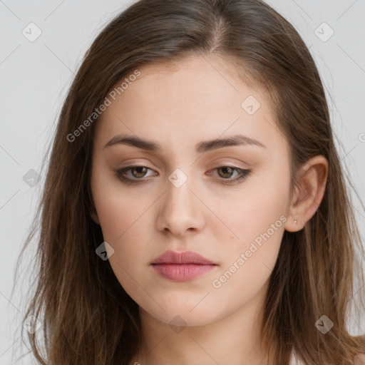 Neutral white young-adult female with long  brown hair and brown eyes