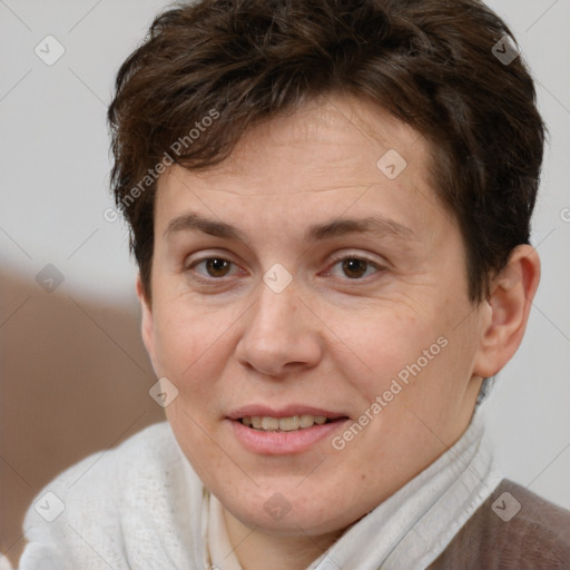 Joyful white adult female with short  brown hair and brown eyes