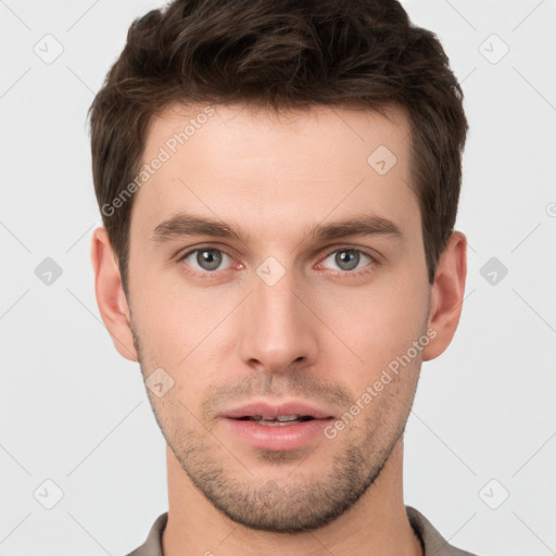 Neutral white young-adult male with short  brown hair and brown eyes