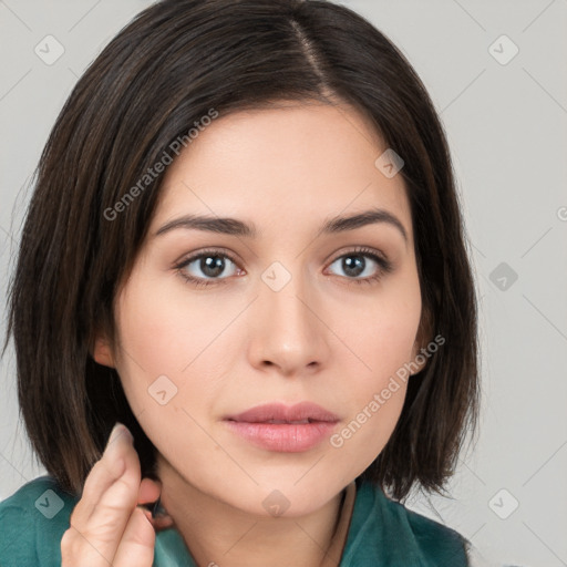 Neutral white young-adult female with medium  brown hair and brown eyes