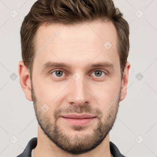 Neutral white young-adult male with short  brown hair and grey eyes