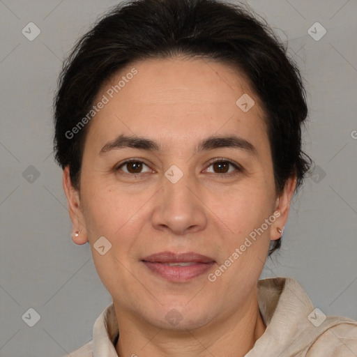 Joyful white adult female with short  brown hair and brown eyes