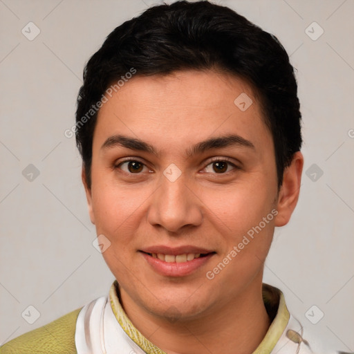 Joyful white young-adult female with short  brown hair and brown eyes