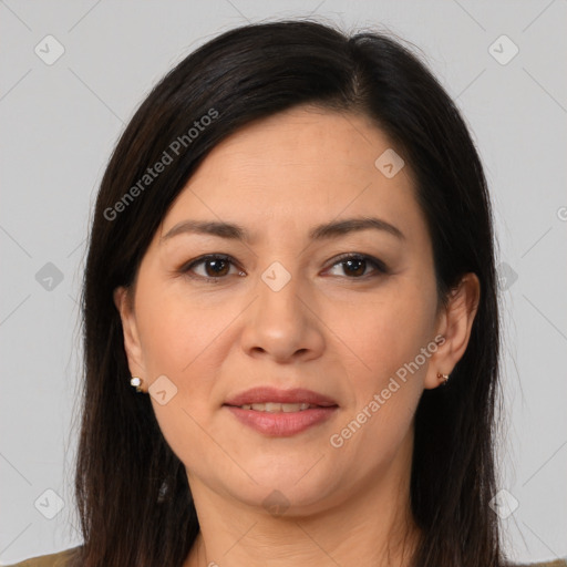 Joyful latino young-adult female with medium  brown hair and brown eyes