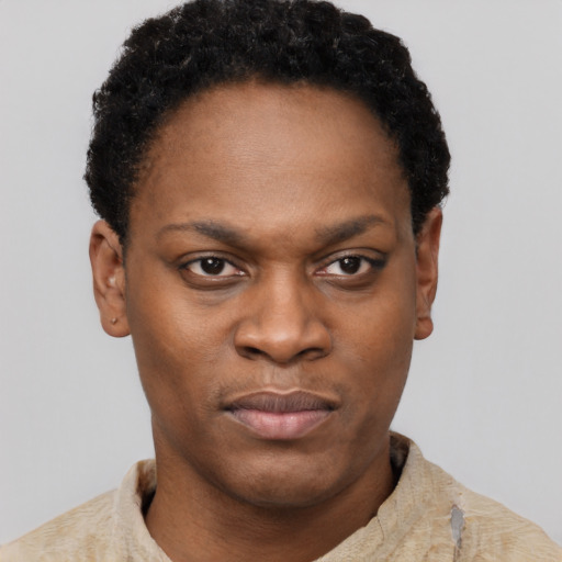 Neutral black young-adult female with short  black hair and brown eyes