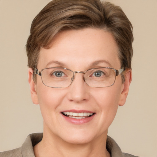 Joyful white adult female with short  brown hair and grey eyes