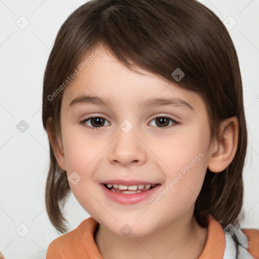 Joyful white child female with medium  brown hair and brown eyes