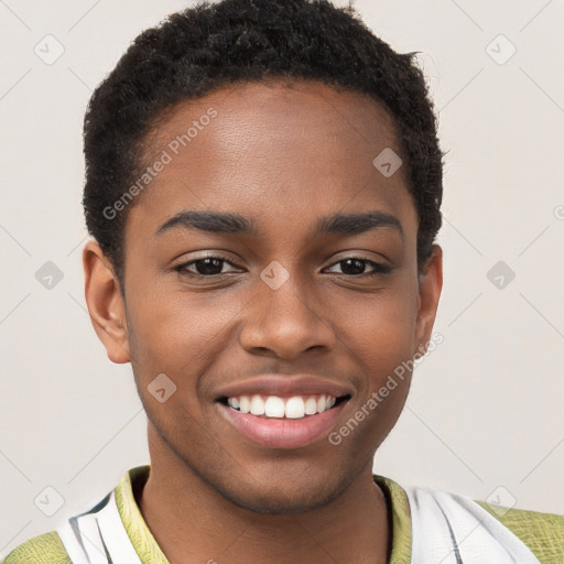 Joyful black young-adult male with short  brown hair and brown eyes