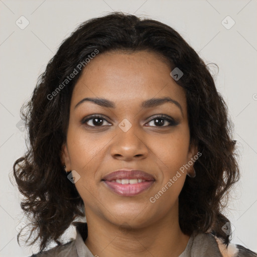 Joyful black young-adult female with medium  brown hair and brown eyes