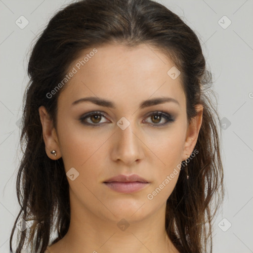 Neutral white young-adult female with long  brown hair and brown eyes