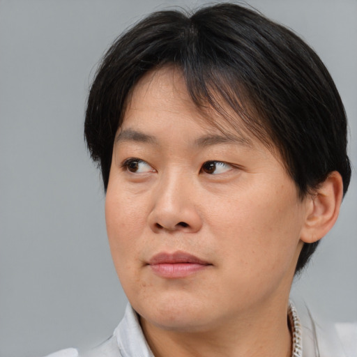 Neutral asian young-adult female with medium  brown hair and brown eyes