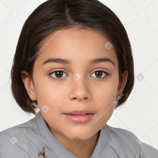 Joyful white child female with medium  brown hair and brown eyes