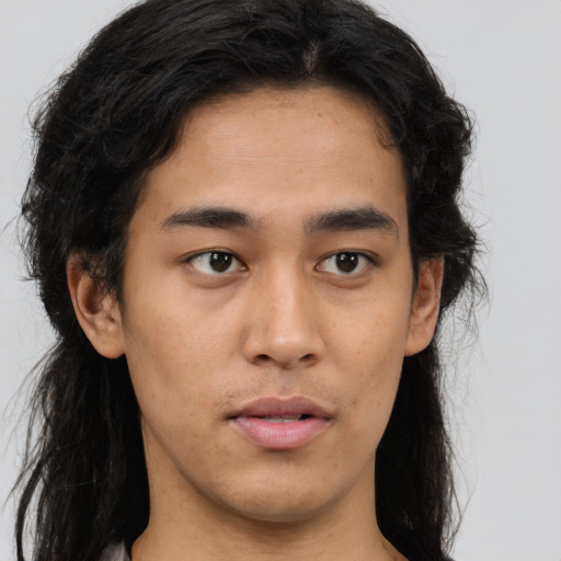 Neutral asian young-adult male with long  brown hair and brown eyes