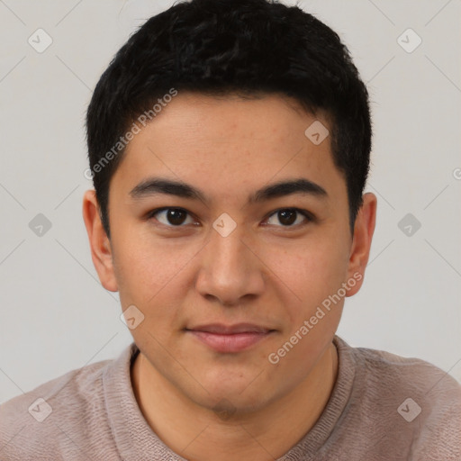 Joyful latino young-adult male with short  brown hair and brown eyes